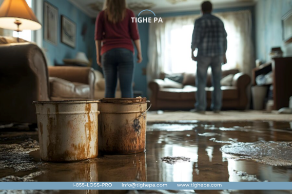 Water damage inside a home with Tighe P.A. branding